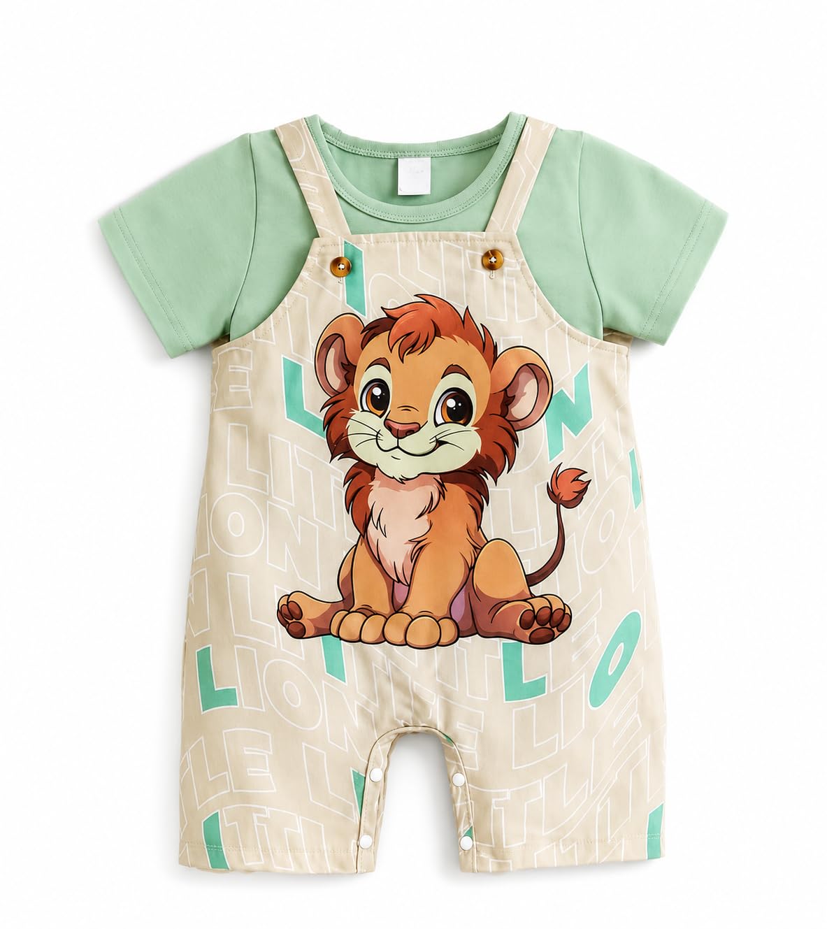 Baby Boys And Girls Lion Print Dungree Set with T-Shirt, Mint Green and Beige-image-39