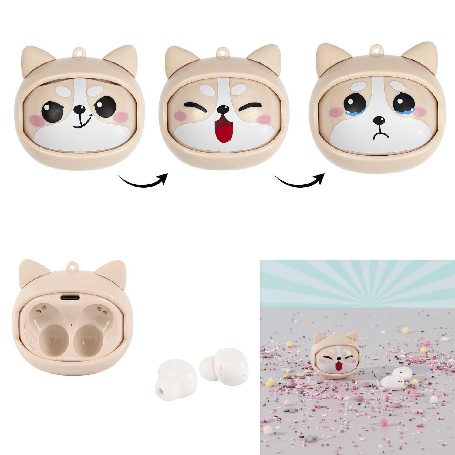 THE CONCEPT FACTORY - HT0153 Écouteurs sans Fil Multiface Kawaii - Design Original, Sonorité Optimale, Confort Ergonomique, Autonomie Étendue, Connectivité Bluetooth | Écouteurs sans fil kawaii, design original, sonorité optimale, confort, beige