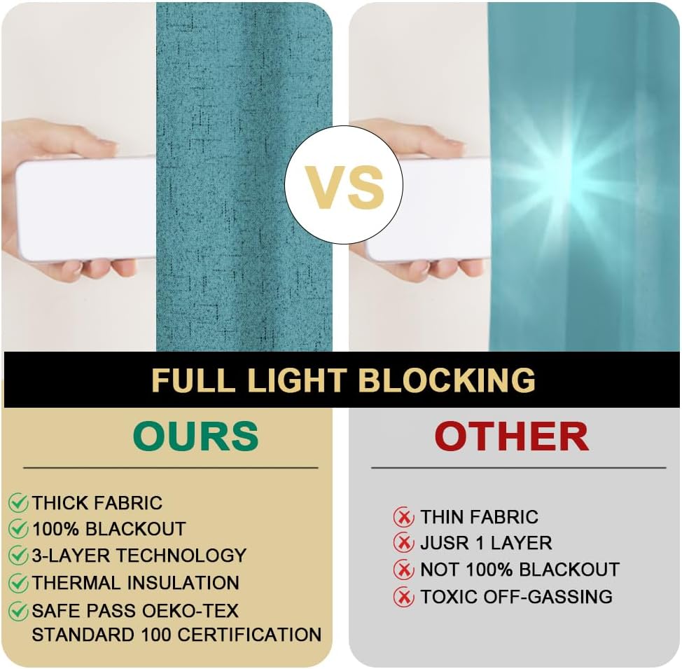 PrinceDeco 100% Blackout Curtains Linen Curtain for Sliding Glass Door Extra Wide Patio Door Curtains for Sliding Glass Door Room Divider for Bedroom/Living Room,W100 X L108, Teal Blue