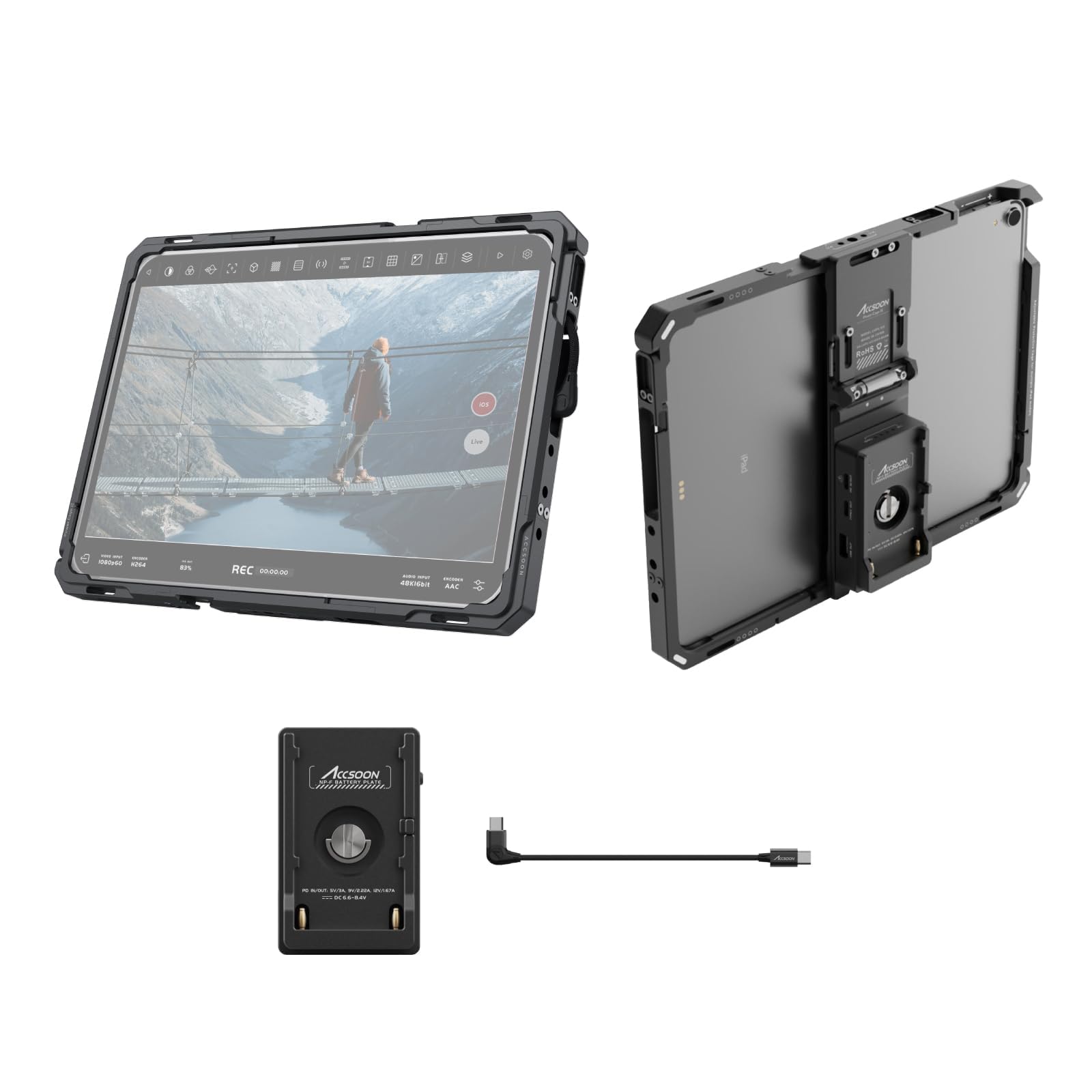 Accsoon PowerCage Pro II 12.9 Pouces Compatible avec iPad Pro Gen 3-6 pour Surveillance, Fonctionne avec l'adaptateur de Plaque de Batterie NP-F, Cage Longueur 279-29mm, Largeur 214-231mm