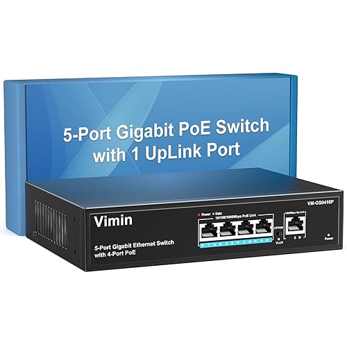 4 Port Gigabit PoE Switch with 1 Uplink Gigabit Ports, VIMIN 5 Port Unmanaged Ethernet PoE Switch with 72W Power, Support IEEE802.3af/at, VLAN, Metal Housing, Desktop or Wall-Mount, Plug & Play