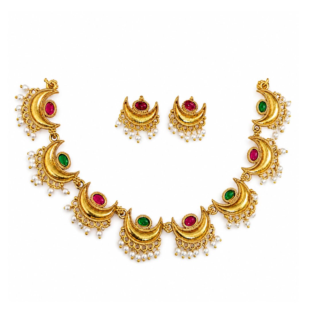 Gold Plated Crescent Moon Necklace Set for Women | Traditional Maharashtrian Pearl Drop Jewellery with Earrings | Temple Bridal,Party,Wear Choker Set(HC-SET02-35)-image-40