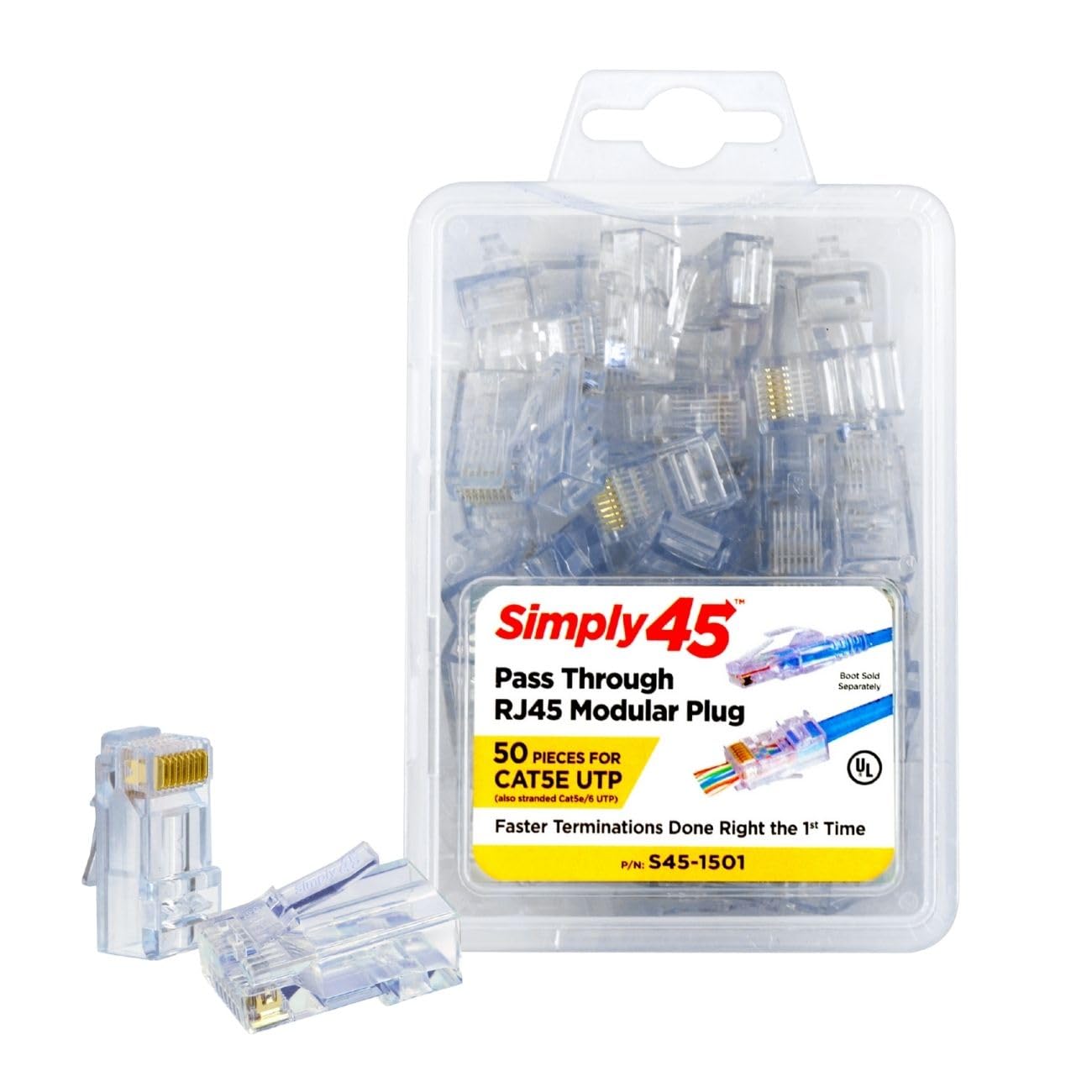 Simply45 Unshielded Pass-Through RJ45 Modular Plugs for 24AWG Solid (Cat5e) - Blue, 28-26AWG Stranded (Cat5e/6 Stranded), Gold-Plated 3-Prong Pins - 50-Pieces - S45-1501