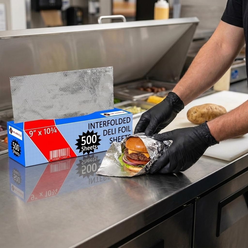 Box of 500 - Pre-Cut 9" Aluminum Foil Sheets - 9x10" Wide & Heat-Tolerant Deli Foil Sheets, 100% Aluminum, Ideal for Food Wrapping, Grilling & Freezing, Convenient Dispenser