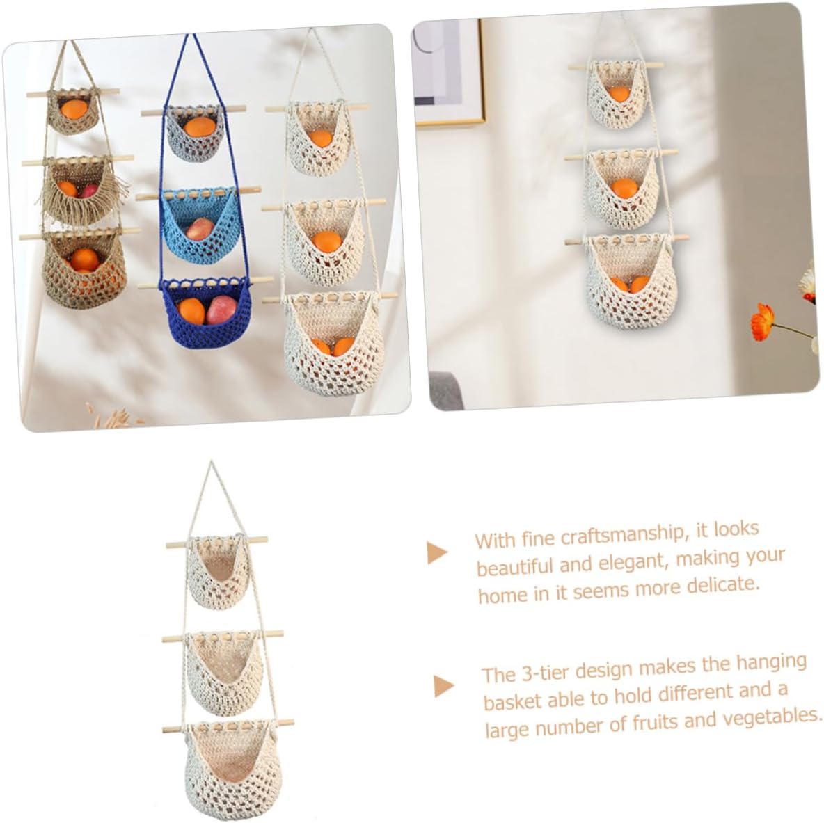 VICASKY Cotton Rope Hanging Fruit Basket for Kitchen Storage Woven Vegetable Organizer with Ventilated Design Space Saving Wall Hanging Basket for Fruits and Produce