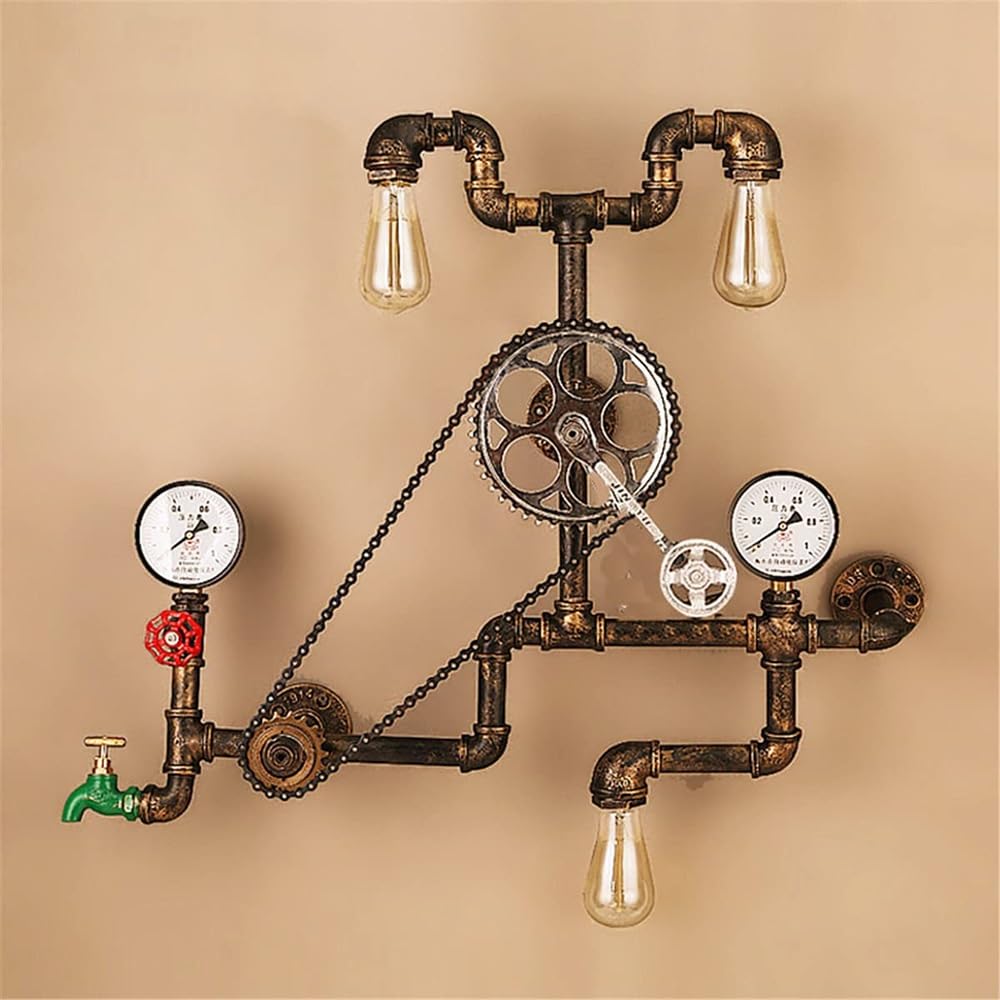 BLOOHK 3-Light Industrial Steampunk Wall Sconce, Antique Water Pipe Wall Light, Vintage Iron Tube Wall Wash Fixture for Bar, Cafe, Restaurant & Home Decor