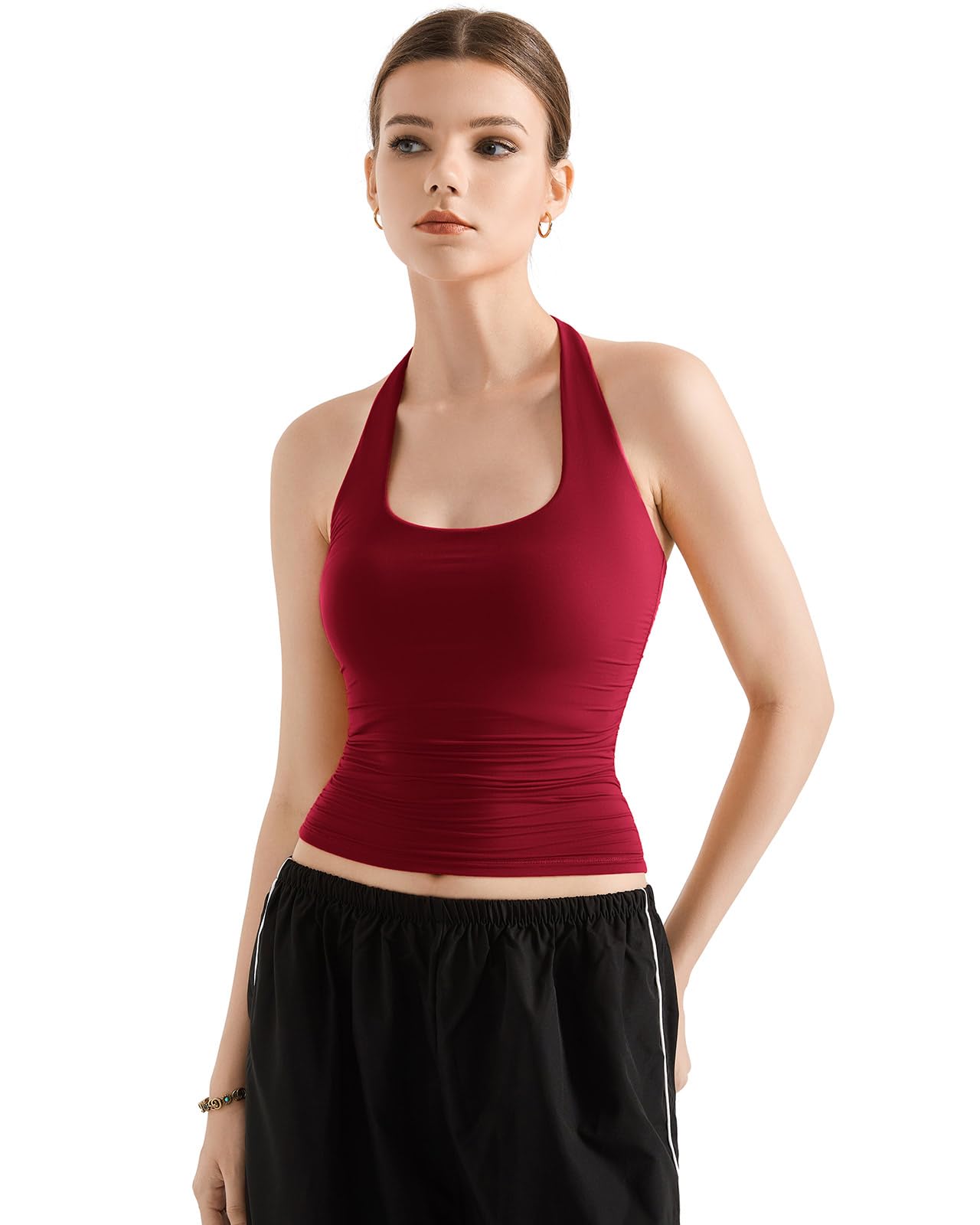SUUKSESS Women Halter Tank Tops Double Lined Backless Y2K Trendy Going Out Tops: X-Small Wine Red