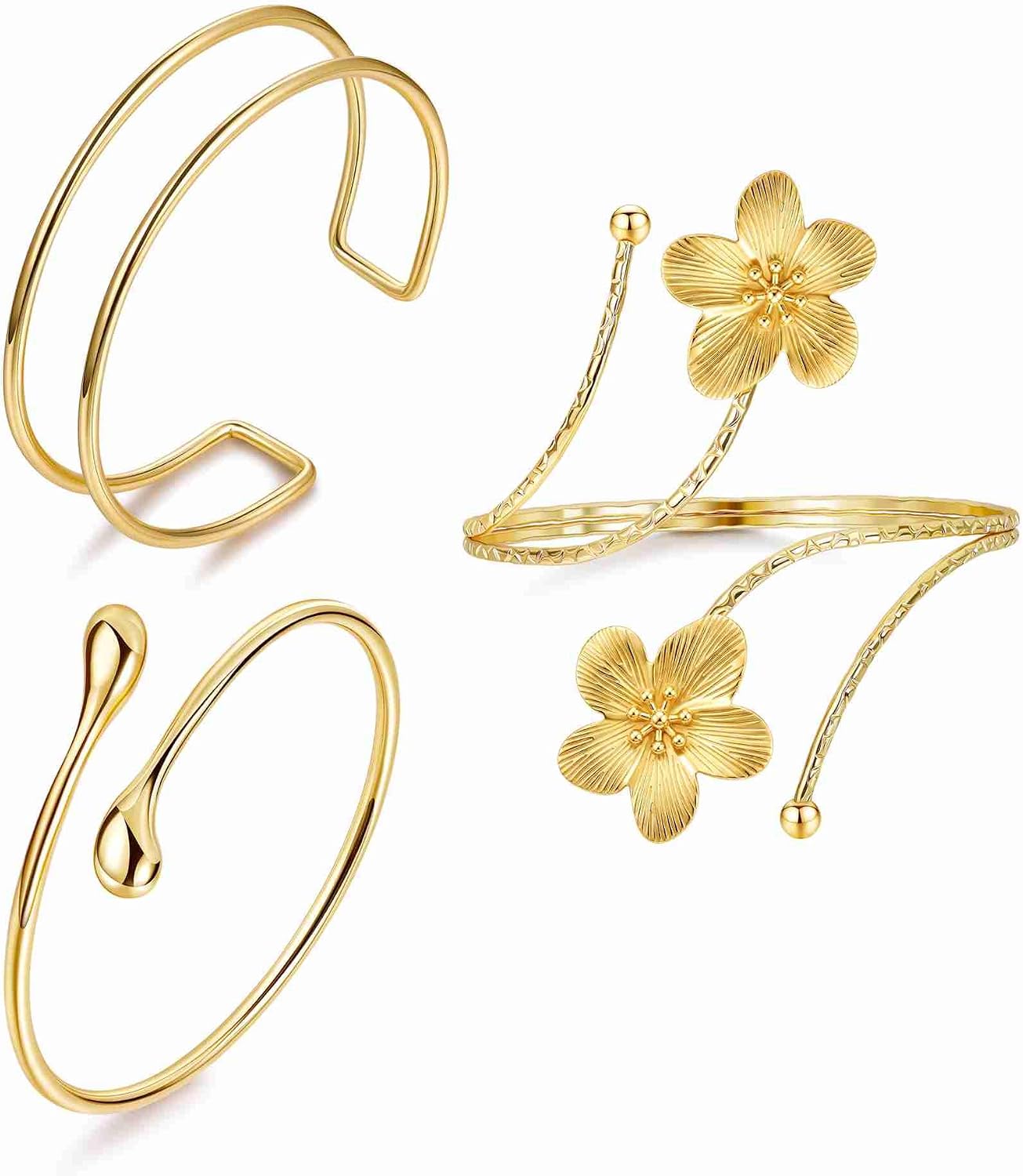 3 Pcs Gold Arm Cuff Bracelet Set for Women Minimalist Adjustable Arm Cuff Bangle Band Starfish Pearl Flower Boho Armlet Stackable Jewelry Set
