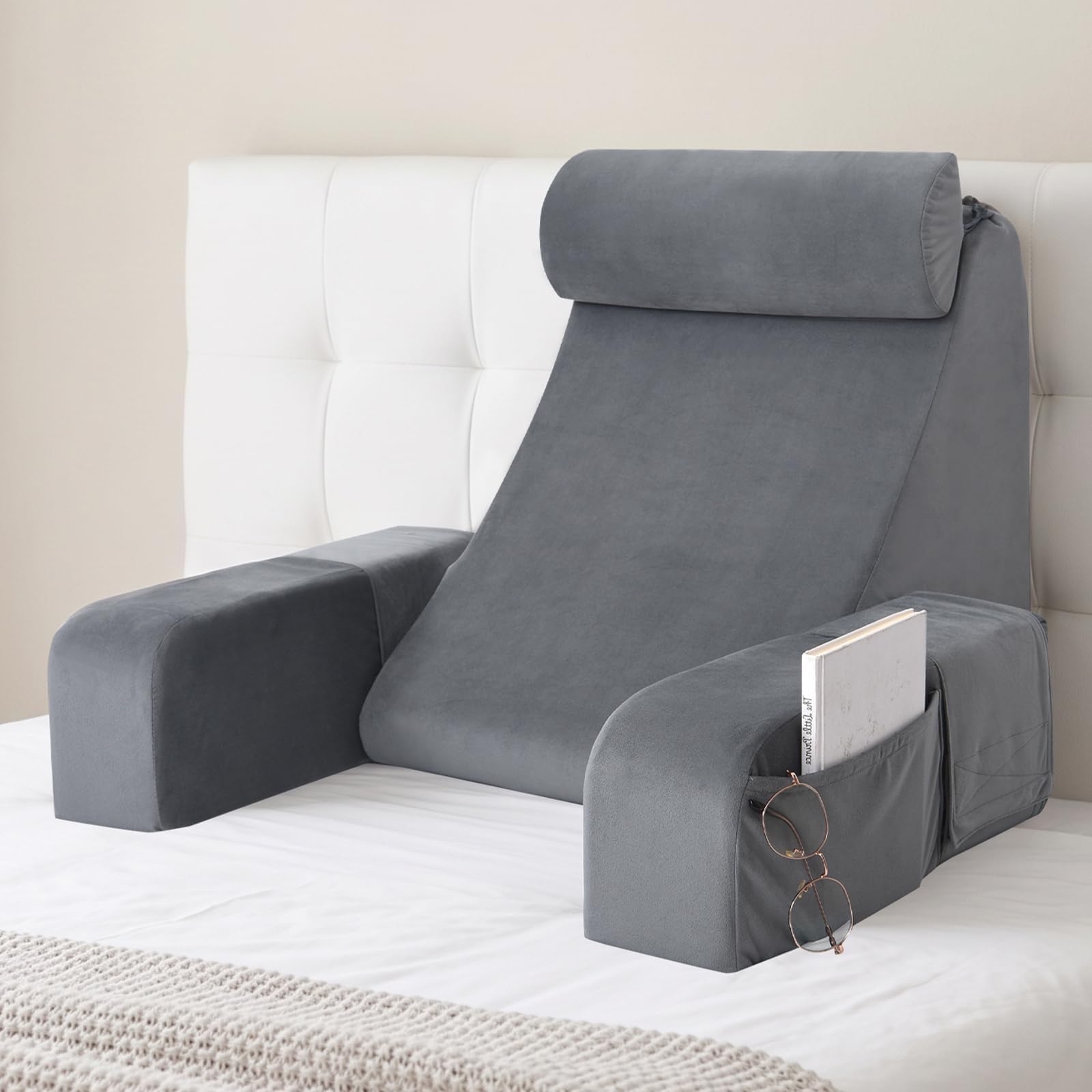 ENITYA Back Pillow for Bed Sitting Up,Reading Pillow with Armrests & Big Pockets for Adults,Upright Pillow for Resting,Watching TV,Nursing,Recovery,Gaming,Grey