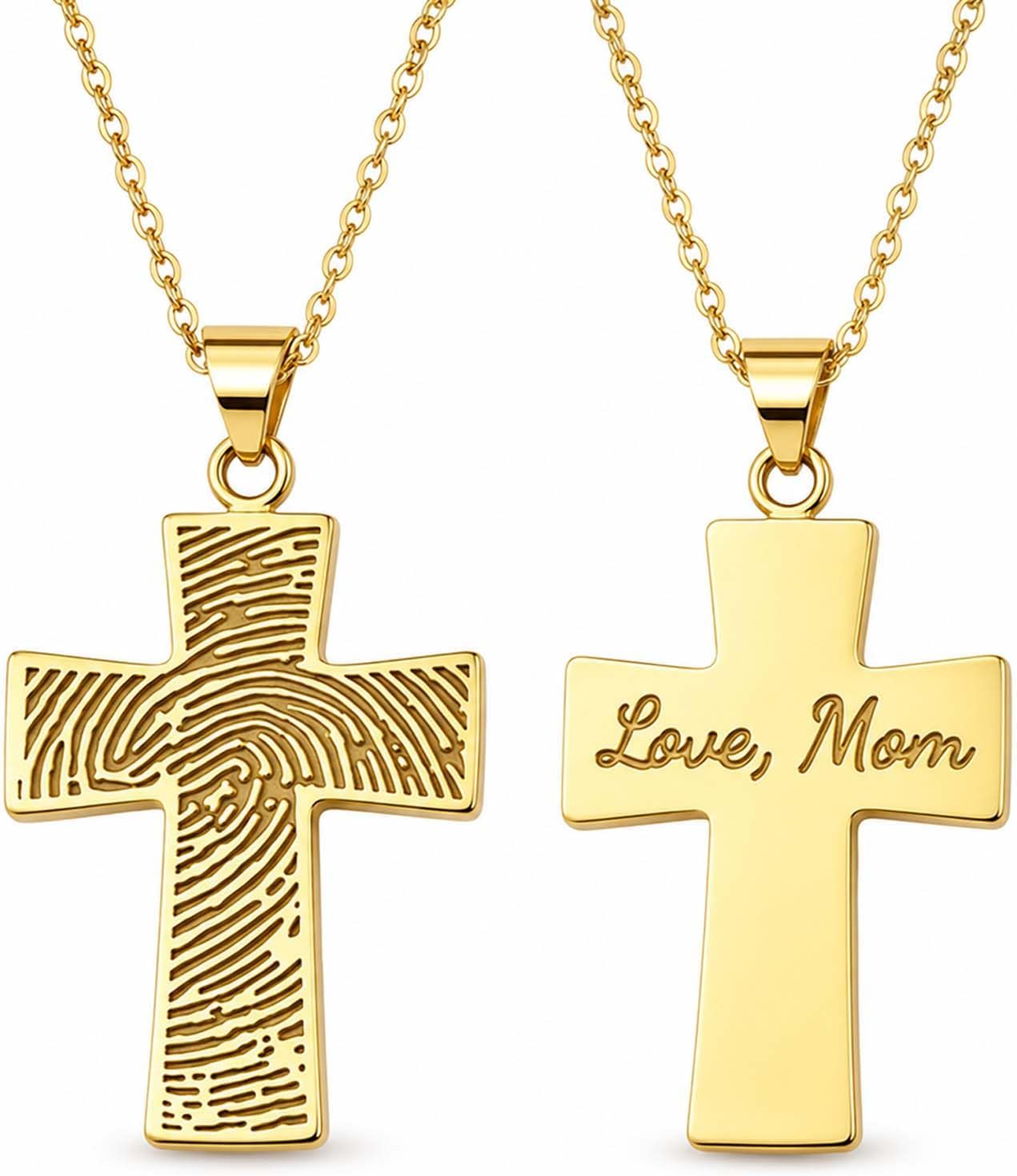 Drawelry Personalized Memorial Fingerprint Cross Necklace Black Engraved Name Customized Text Actual Fingerprint Pendant Necklace Promise Anniversary Birthday Jewelry Gift for Women Men