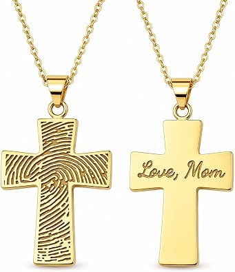 Drawelry Personalized Memorial Fingerprint Cross Necklace Black Engraved Name Customized Text Actual Fingerprint Pendant Necklace Promise Anniversary Birthday Jewelry Gift for Women Men