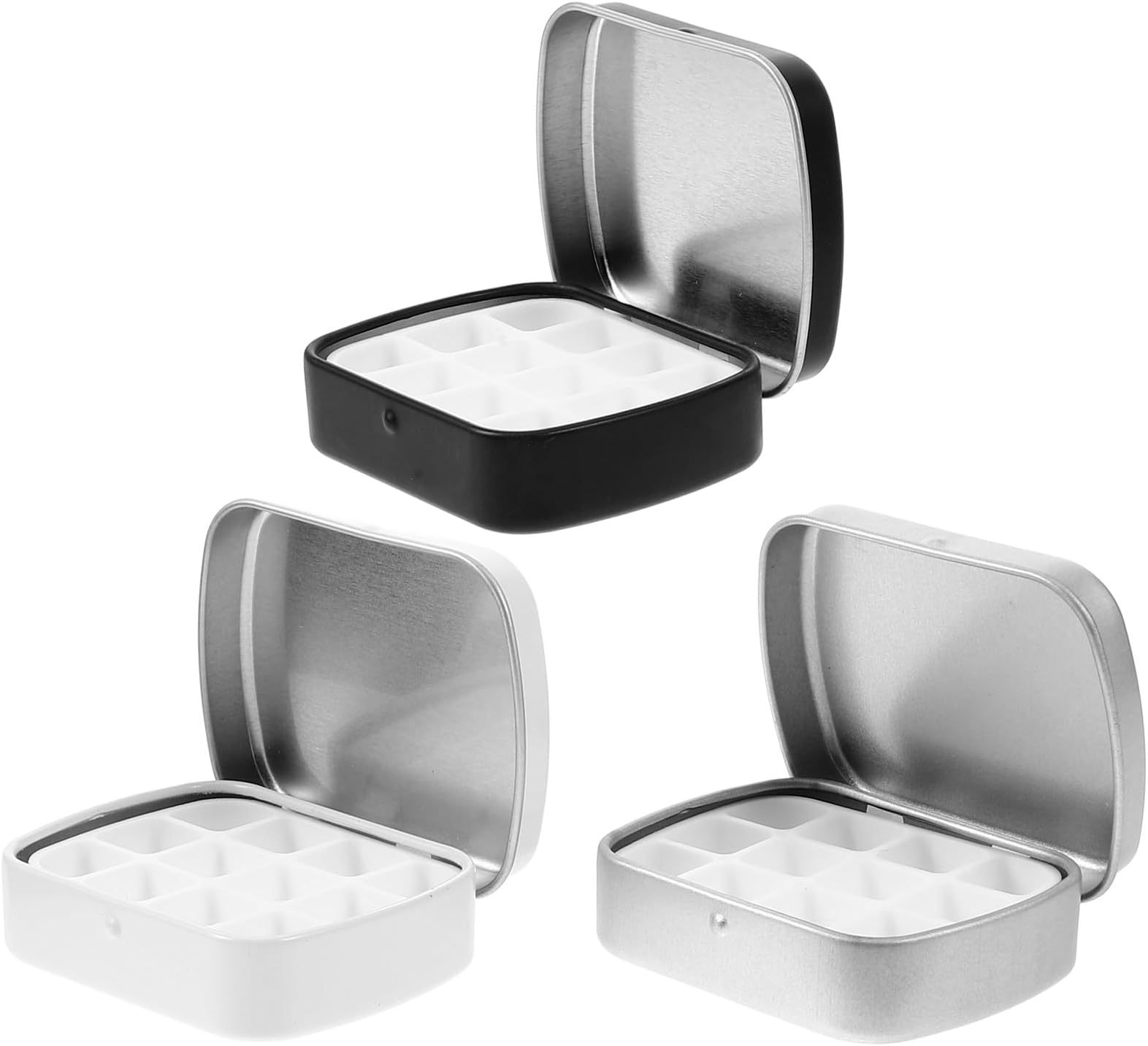 Generic 3pcs Mini Nail Gel Organizer Box with 12-grid Empty Watercolor Palette Tray Portable Metal Paint Mixing Case for Nail Art Storage in Black, White, and Silver