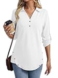 Women's 3/4 Length Rolled Sleeve Tunic Tops Collared V Neck T Shirts Both Side Buttons Blouses