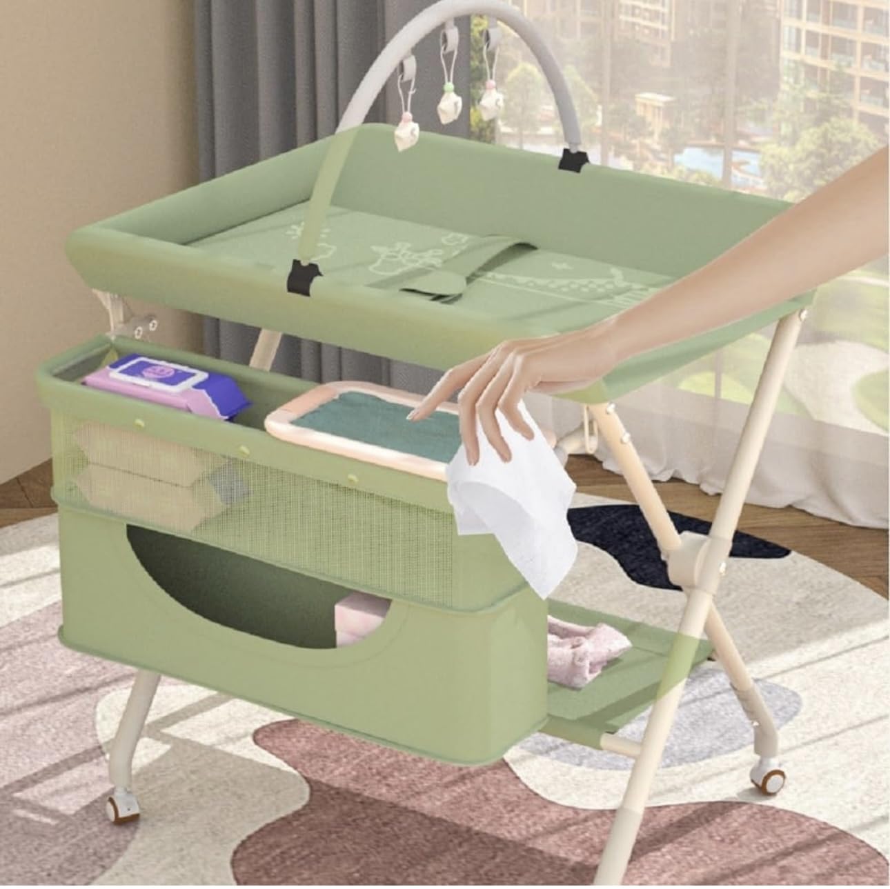 richtots Premium Diaper Changing Table with Scale Pattern, Baby Care, Baby Diaper Changing Table, Rolling Crib, Diaper Changing Table, Baby Rack, 3 Adjustable Levels, Foldable(Color-Grey) - Image 4 thumbnail
