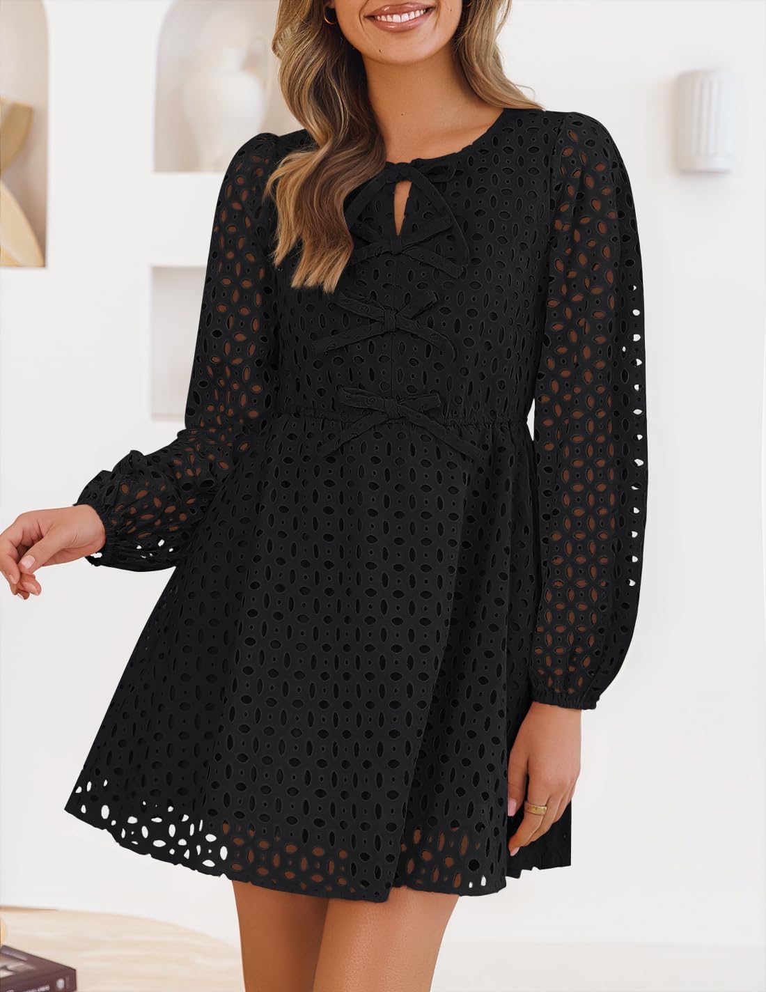 ZESICA Women's Long Sleeve Mini Dress 2026 Fall Crewneck Tie Front Hollow Out Eyelet Babydoll A Line Short Dresses - Image 2