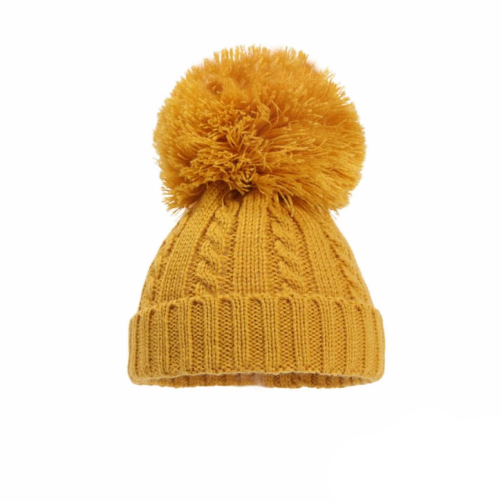 Baby Boys & Girls Knitted Pom Pom Hat, Cable Knit Bobble Hat, Mustard, 12-24 Months