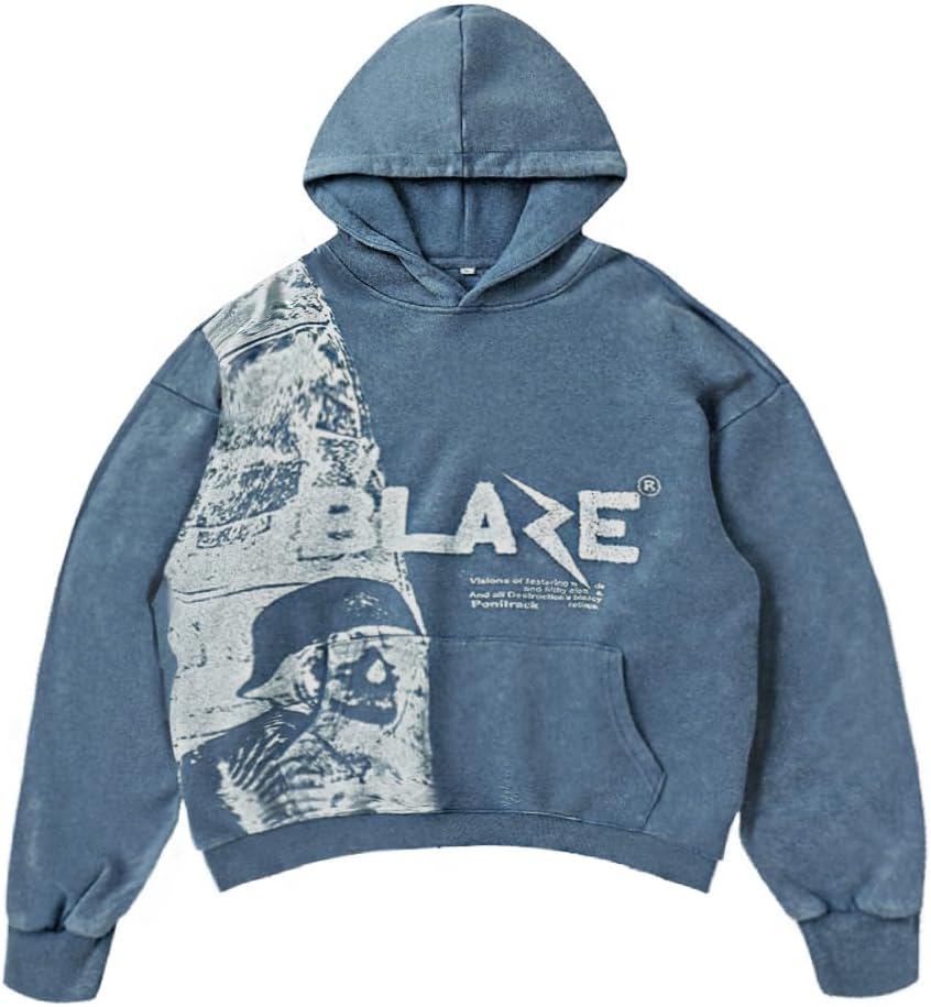 PonitrackY2K Hoodie Denim Grunge Hoodies StreetwearCasual Oversize Blaze Print Pattern Skull Hoodie Unisex