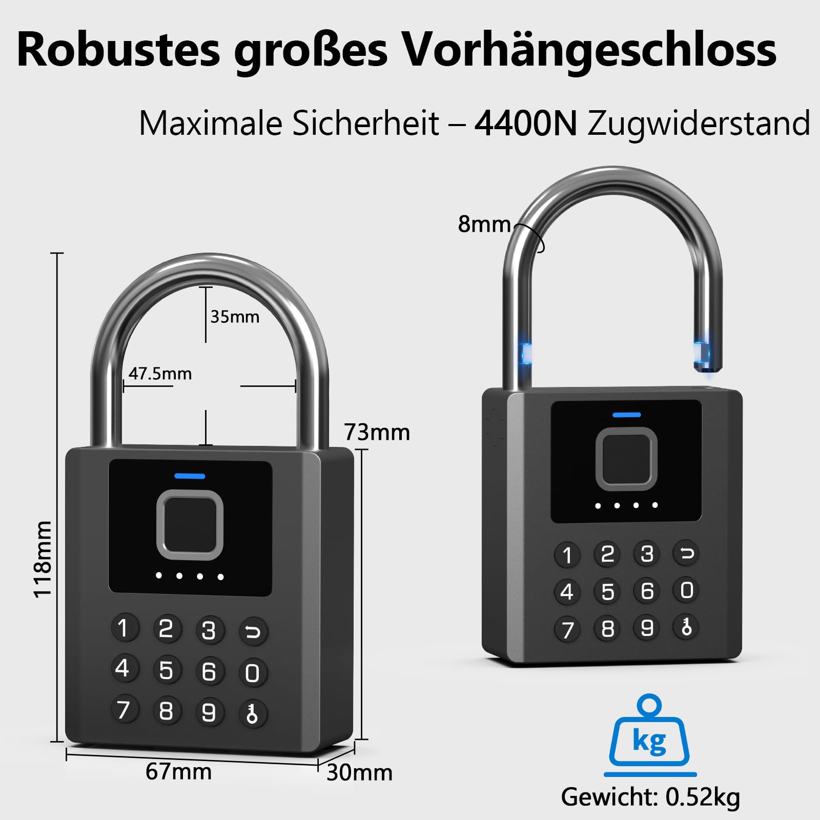 Eseesmart Candado de huellas dactilares con código numérico, 8 mm, doble gancho, IP67, resistente al agua, cerradura de seguridad inteligente con llave Bluetooth para vallas exteriores, puertas de