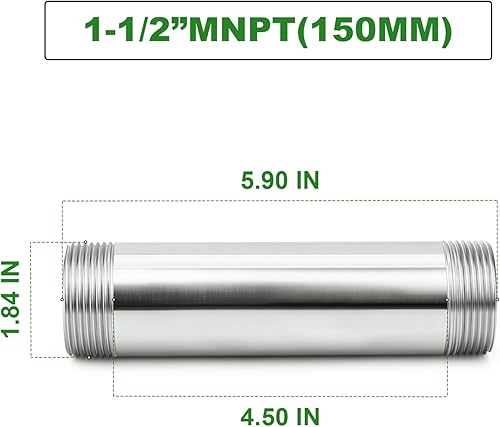 Miniatura 406 de TAISHER 2 accesorios de tubería de acero inoxidable, 1/2 "NPT x 1/2" NPT macho roscado, tubo fundido de pezón de 6 pulgadas de longitud 1.969 in