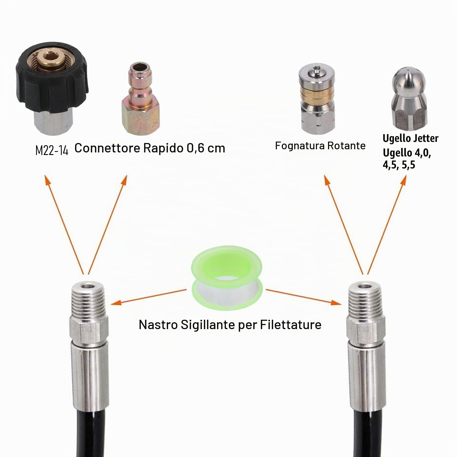30m Kit di Tubi di Pulizia ad Alta Pressione, Tubi per Idropulitrici Tubo Flessibile per Pulizia Massimo 5800 PSI 30 Metri con ugello per Il Lavaggio per l'irrigazione Sia per l'acqua Fredda Che