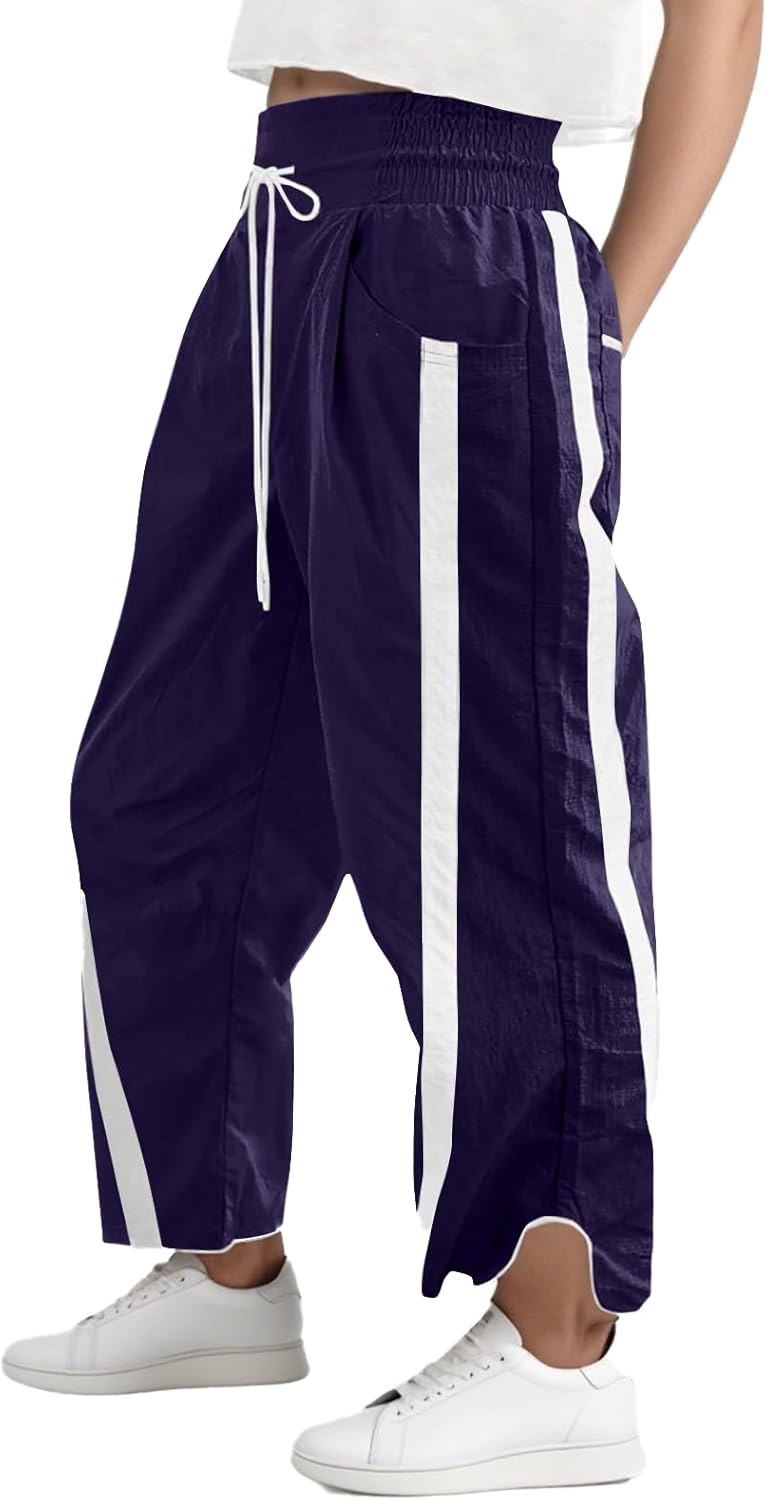 Barrel Pants Women Side Striped Wide Leg Sweatpants with Pockets Y2k Contrast Color Drawstring High Waisted Joggers