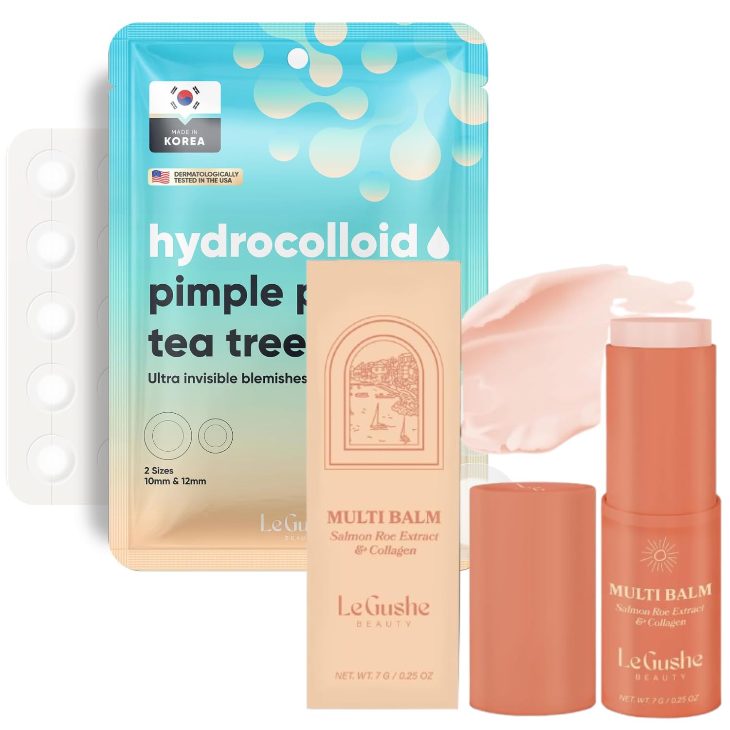 LE GUSHE Korean Pimple Patches Face Balm Stick Bundle - 132 Dots Pimple Patches with All-in-One Face Balm