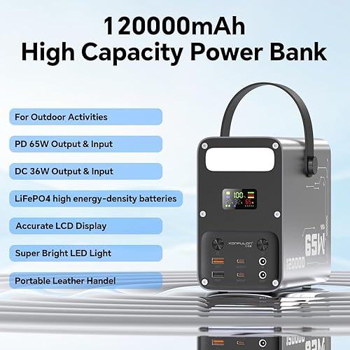 Miniatura 2 de Power Bank 60000mAh Power Station High Capacity Fast Charging PD 65W LiFePO4 Portable Outdoor Generator with DC 12V/3A Output & LCD Display Battery