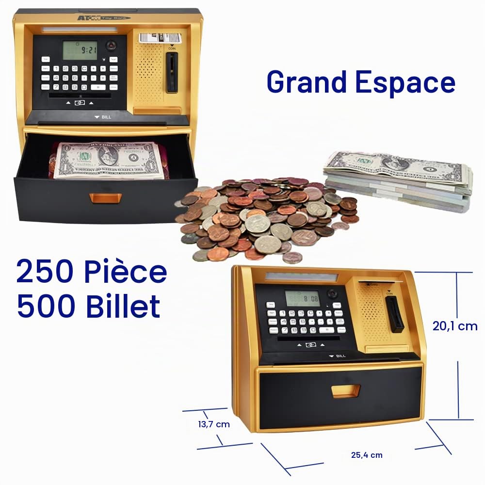 Tirelire Magique ATM pour Argent Réel - Reconnaît Les Pièces d'Euro et Enregistre Les Dépôts - Un Cadeau Amusant pour Garçons et Filles (doré)
