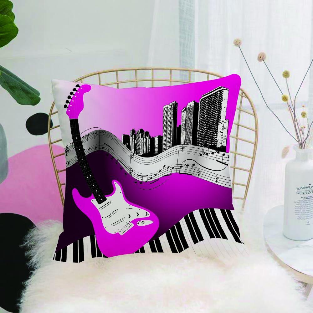 HYMSXW Cushion Cover,Throw Pillow Case Home Decorative for Living Room Bedroom Sofa Chair 20X20 Inch,Music Bass Guitar Keyboard Urban Rock Backdrop Rhythm of City Illustration,Pillowcase 50X50cm