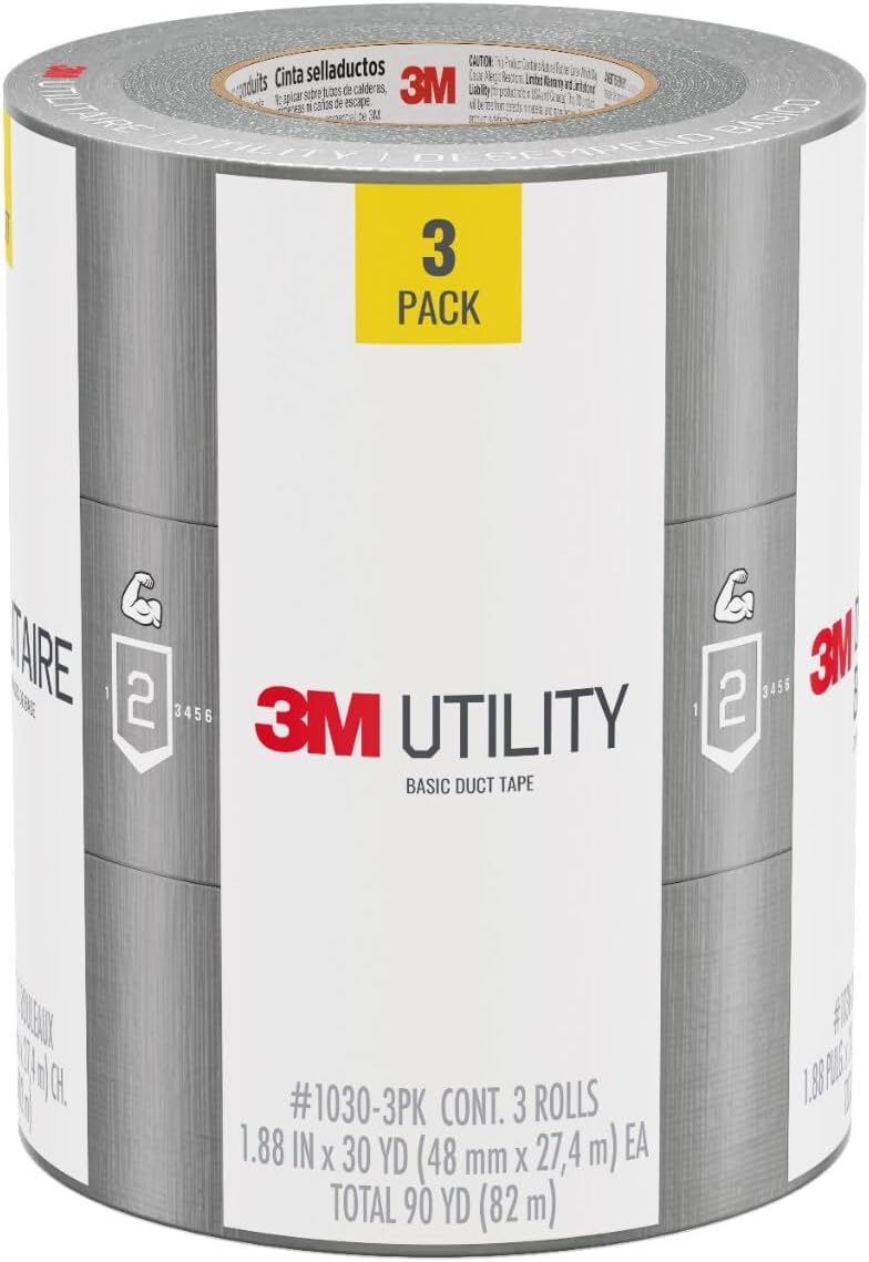 3M Utility Basic Duct Tape, 1.88 in x 30 yd, 3 Rolls, Moisture Resistant, Great for Light Duty Temporary Indoor Repairs for Tile, Laminate, Plastic, Wood, and Glass, Tear by Hand (1030-3PK)