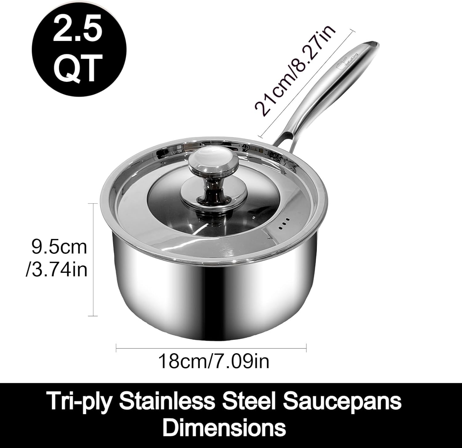 2.5 QT Tri-Ply Stainless Steel Saucepan with Visible Lid Small Pot Sauce Pan for Cooking Milk Noodle Pasta Soup Vegetable, Dishwasher Safe Induction Compatible(Detachable Handle)