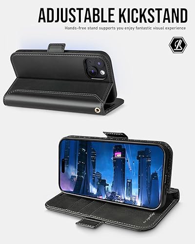 Miniatura 4 de OCASE Funda tipo cartera compatible con iPhone 15 Plus, de piel sintética, con tarjeteros, bloqueo RFID, soporte de protección contra golpes,