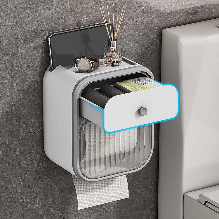 Image of Self-Adhesive Toilet Paper Holder with Phone Stand - Wall Mounted Tissue Roll Dispenser Tray for Bathroom | Space-Saving & Stylish Accessory