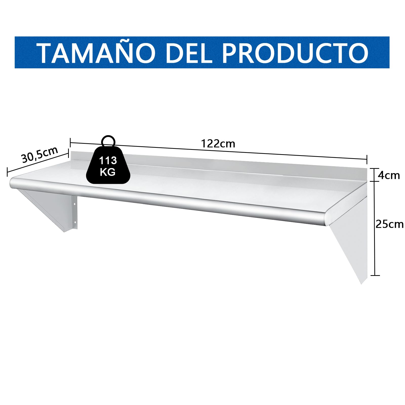 HARDURA Estante de Acero Inoxidable 30,5×122cm, Capacidad de Carga 113kg, Soporte de Pared metálico con protección Posterior y Brackets para Cocina, Restaurante, lavandería y hogar