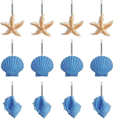 Juego de 12 ganchos para cortina de ducha con diseño de concha de mar, diseño de concha de mar, anillos a prueba de óxido, ganchos decorativos de