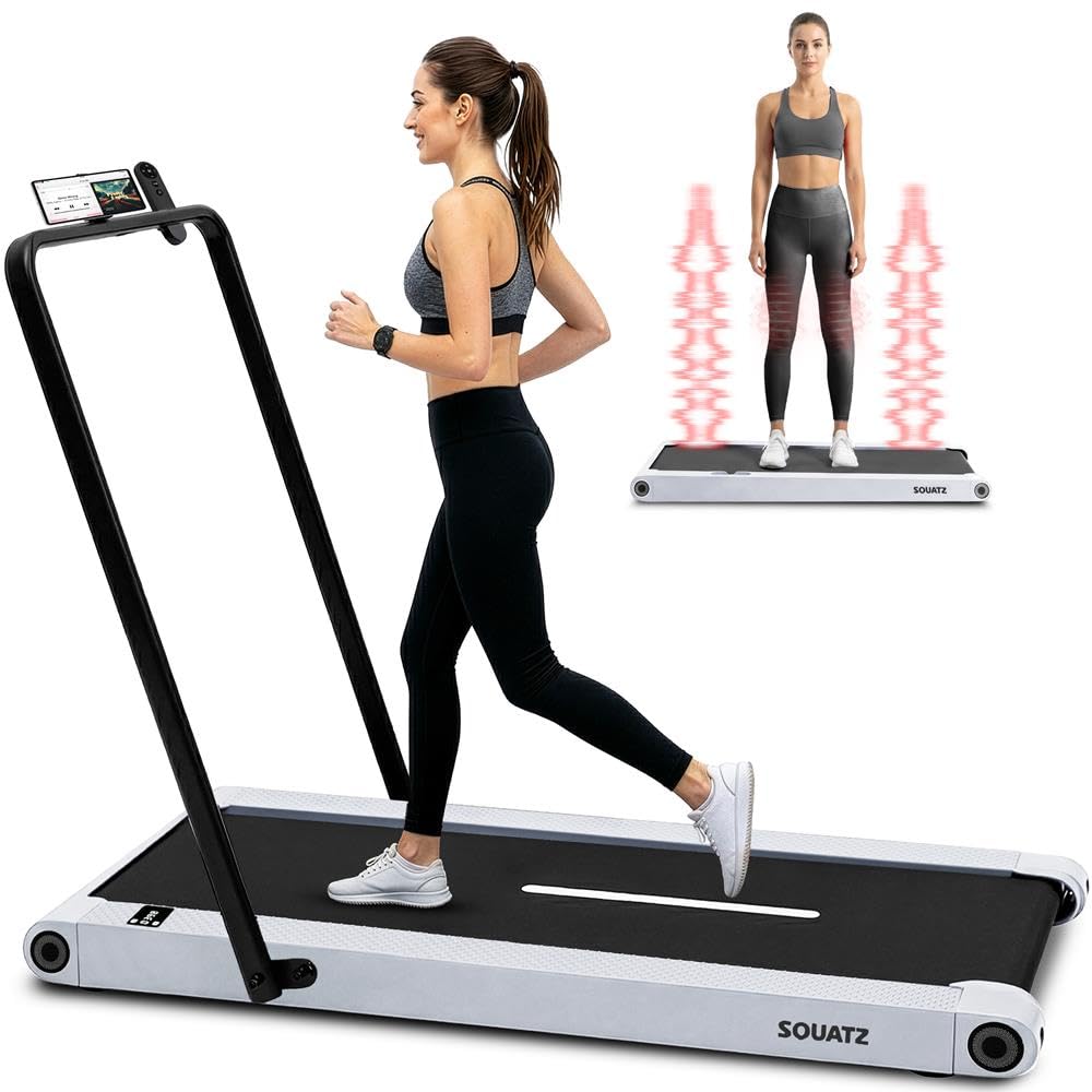 Squatz Tapis Roulant 2-in-1 con Manubrio e Pedana Vibrante, Tapis Roulant Salvaspazio, Walking Pad Display LED, Supporto Tablet, Motore Silenzioso 746 Watt, Telecomando, per Casa e Ufficio, Bianco