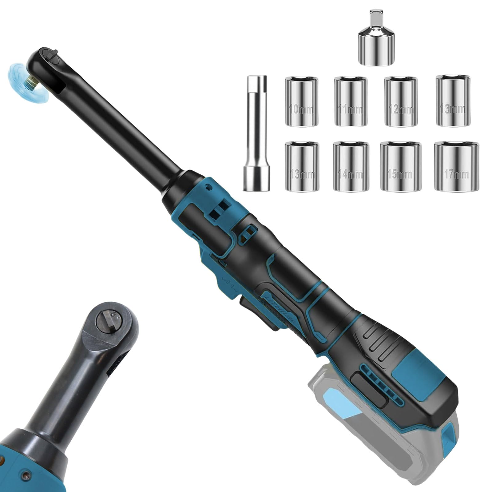 3/8" Extended Cordless Ratchet Wrench, Electric Power Ratchet 80N.m 320RPM 16cm Extended Head Ratchet Wrench Driver Kit With Battery Built-in LED Light & 8 Sockets - View #11