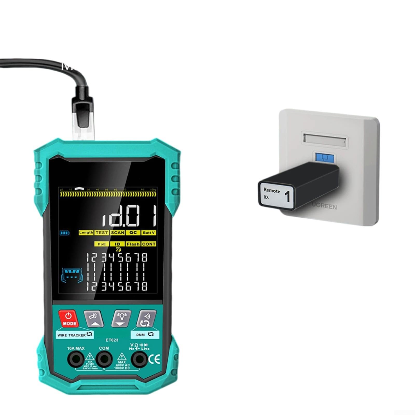 Testeur de câble réseau 2 en 1 et multimètre, 25-400 m de longueur avec pour test de tension Poe, détection NCV, écran LCD pour câbles BNC RJ45 (ET622)