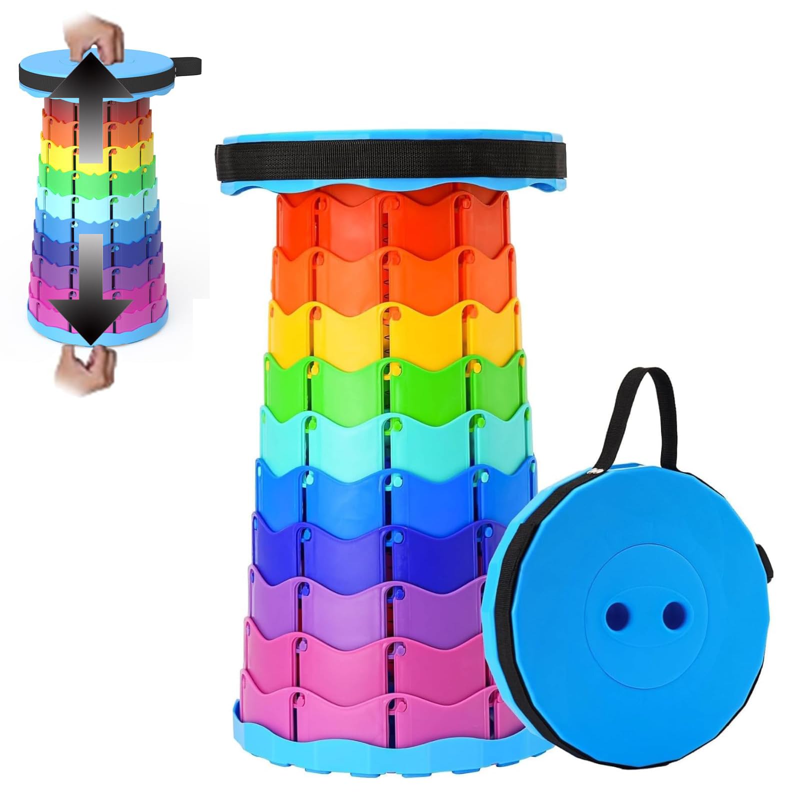 Taburete Plegable Portatil,Plegable Telescópico para Camping Altura Ajustable Taburete para Exteriores Asiento de Color Arcoíris para Acampar Pescar y Playa