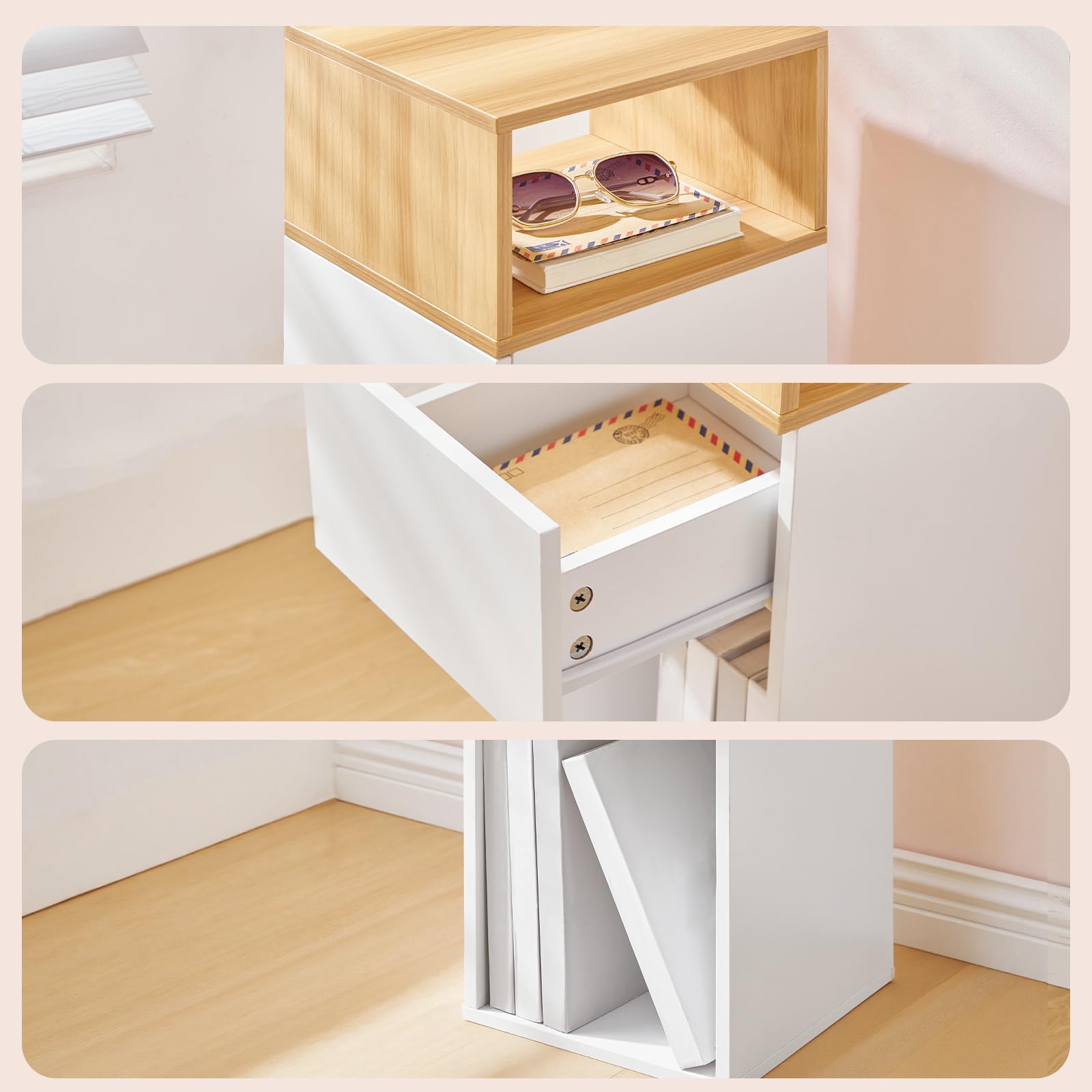 HOOBRO Mesita de Noche Estrecha con 1 Cajón y 2 Compartimentos Abiertos, Mesa Auxiliar Pequeña, Mesa Lateral para Sofá, para Dormitorio, Salón, Blanco y Natural EWN196BZ01
