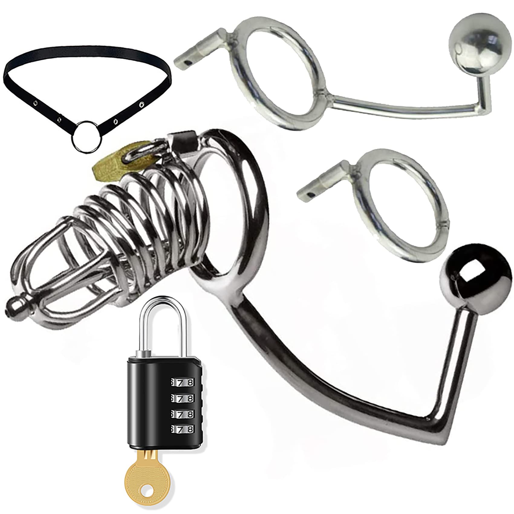 Metall Penis-Käfig Mit Analhaken Und Harnröhren Dilator/Penis Plug Und Kombinationsschloss Und Gürtel Analspielzeug, Keuschheit Edelstahl Cock Cage Anal Hook Für Männer,Groß,45mm/Set