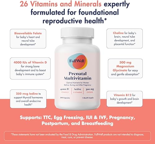 Miniatura 4 de FullWell Vitaminas prenatales  Colina, ácido fólico, vitamina D para el crecimiento fetal, desarrollo cerebral  Más de 26 nutrientes vitales