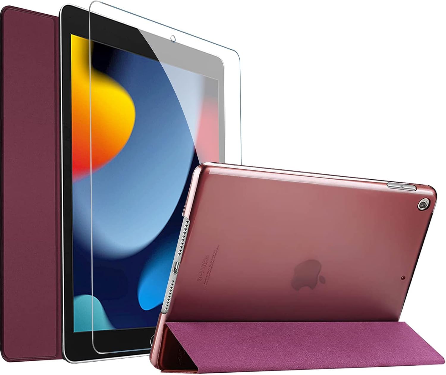 ProCase iPad 10.2 Case 2021 9th Gen/ 2020 8th Gen/ 2019 7th Gen Case with Tempered Glass Screen Protector, Slim Stand Hard Shell Protective Smart Cover for 10.2” iPad 9th/8th/7th Generation -Wine