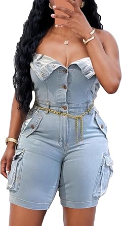 LKOUS Womens Off Shoulder Sleeveless Cargo Slim Fit Denim Short Jumpsuit