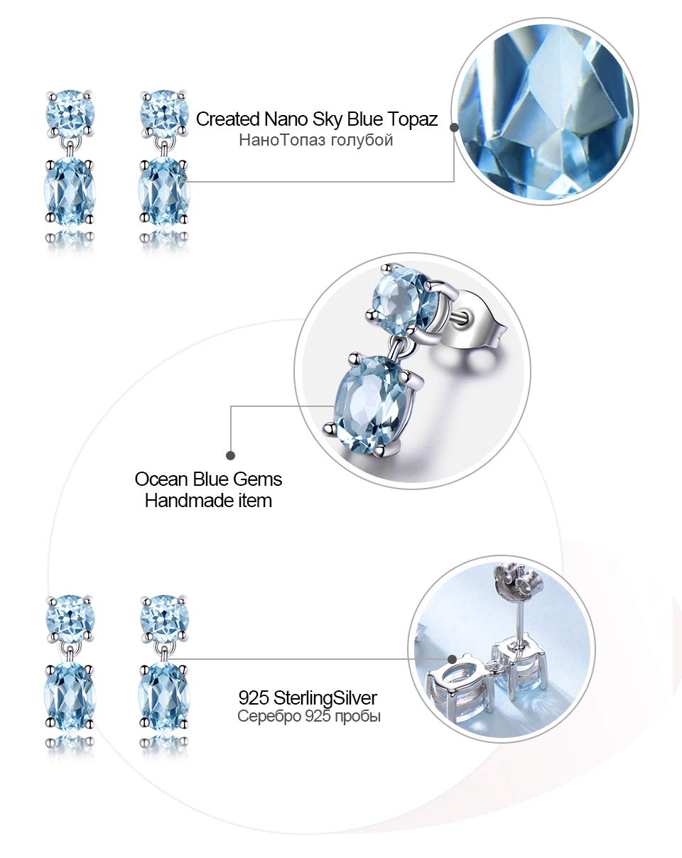 LOKILOKI 925 Pendientes De Plata Doble Creado Joyería Nano Topacio Azul Cielo De Piedras Preciosas Pendientes De Compromiso Regalo para Las Mujeres Fino