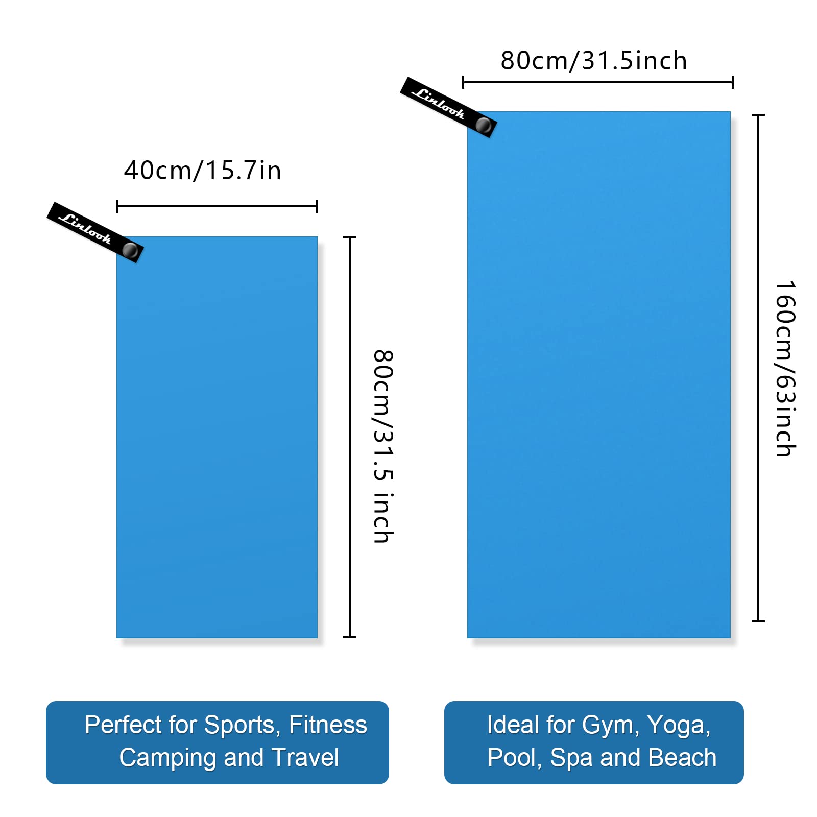 Linlook Microfibre Travel Towel, Large (160 x 80 cm) + Small (80 x 40 cm), Quick Drying Sports Gym Beach Towel - Image 4