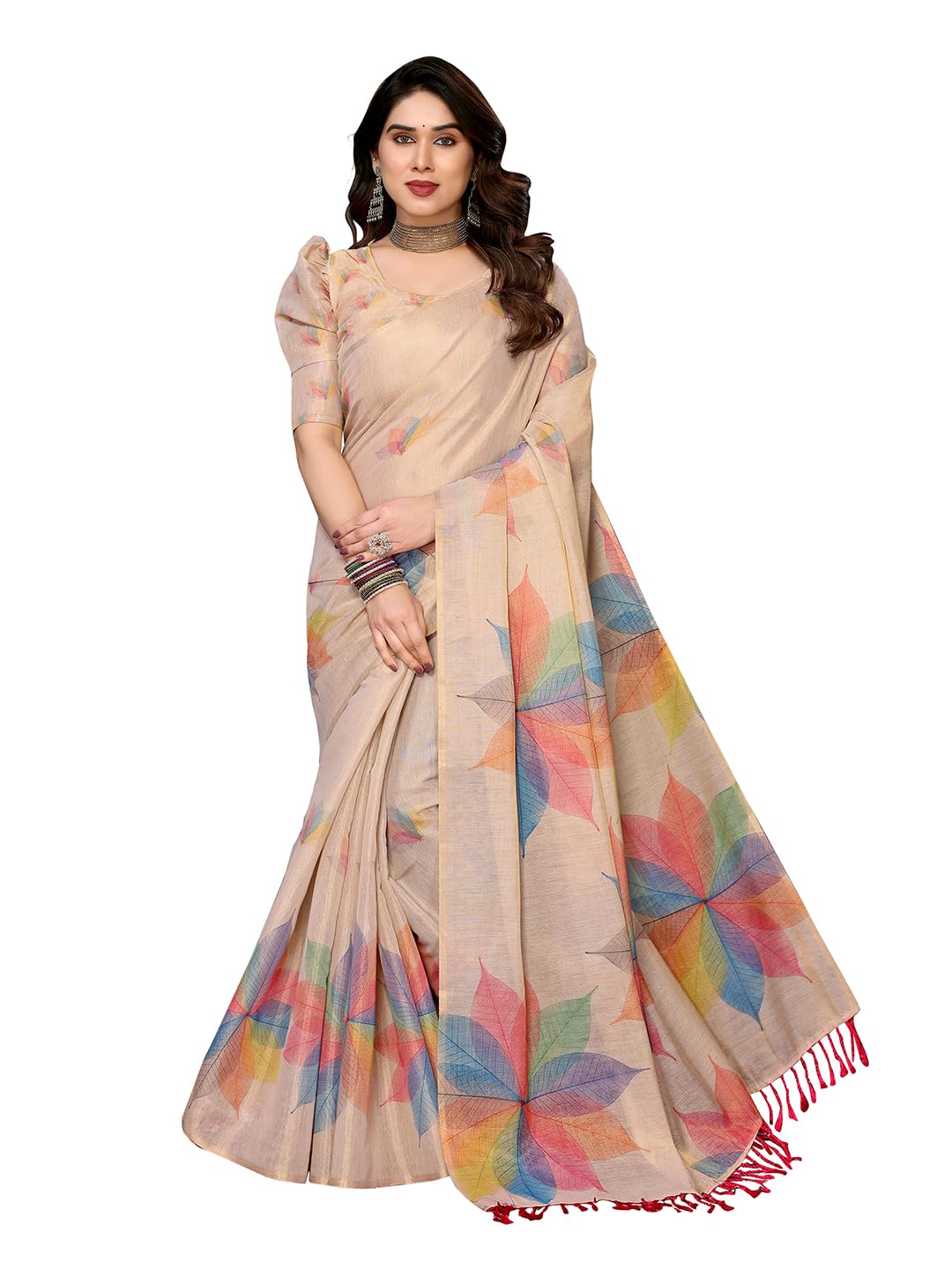 Women's Floral Digital Print Chandheri Saree with Unstitched Blouse Material