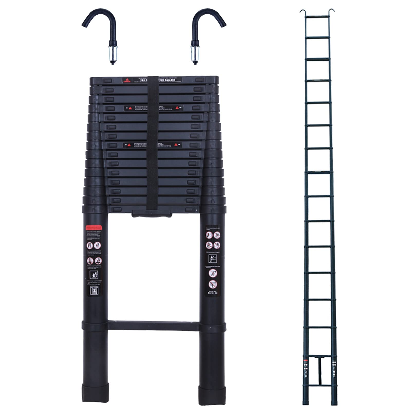 6.2M Telescopic Ladder with Roof Hooks Aluminum Telescoping Extension Tall Multi Purpose Loft Ladder Safety Lock Closure Strap Straight Ladder for Indoor and Outdoor 330 pound/150 kg Capacity Black