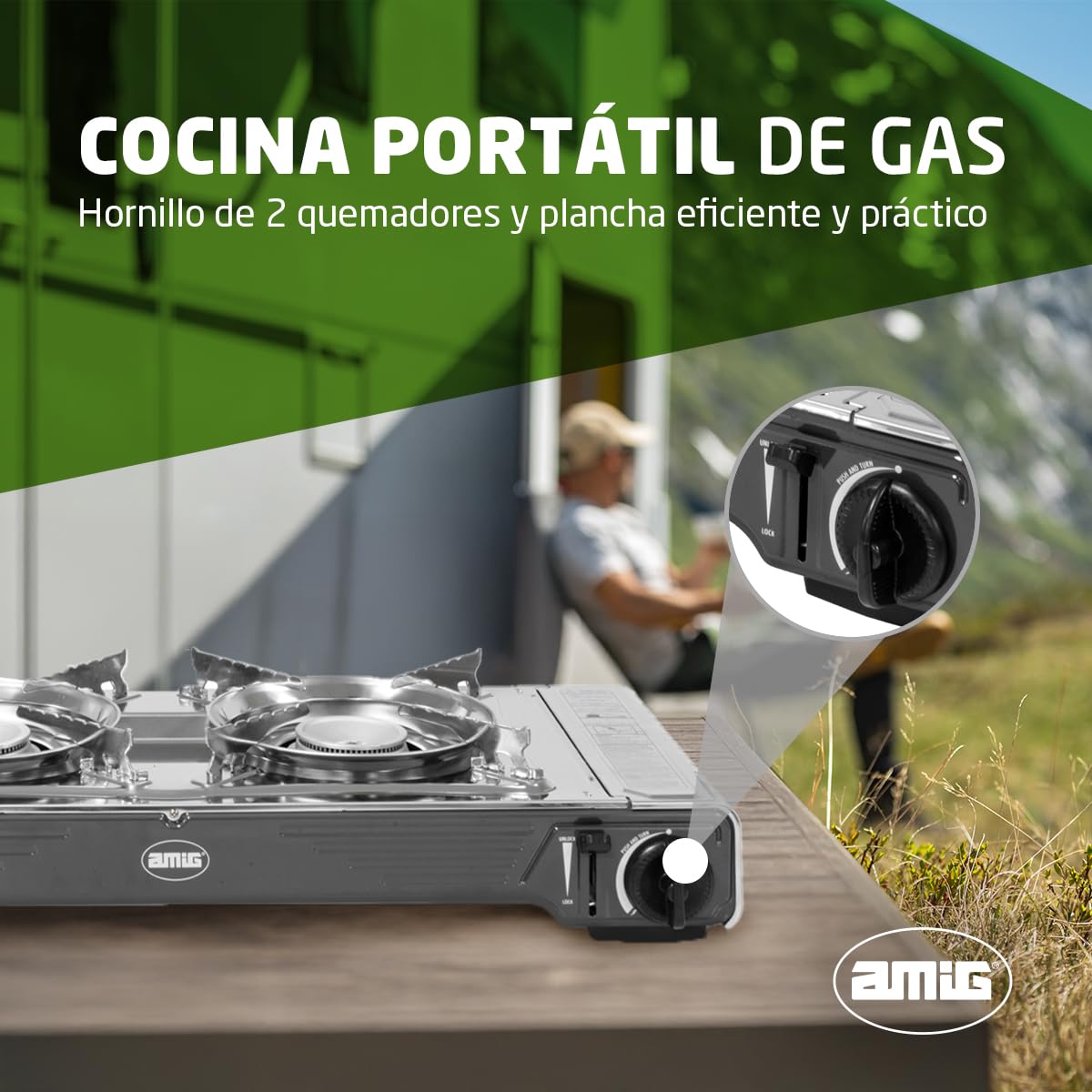 Amig - Camping Gas portátil 2 fuegos CAMP02 - Cocina doble - 2x Quemadores - Incluye Plancha - Parrilla De Fundición - Acero Inoxidable - 2,2 Kw Potencia x 2 - Compatible Cartuchos B-250