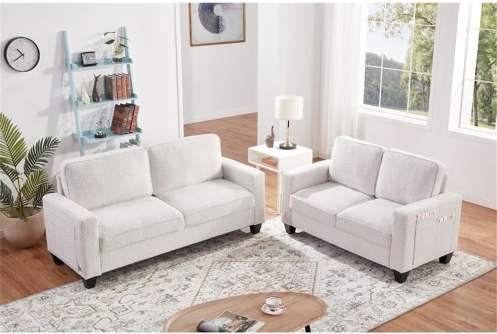BOWERY HILL Transitional 57" W Boucle Fabric Loveseat Sofa with Built-in USB Charging Port and Functional Side Pockets in Beige